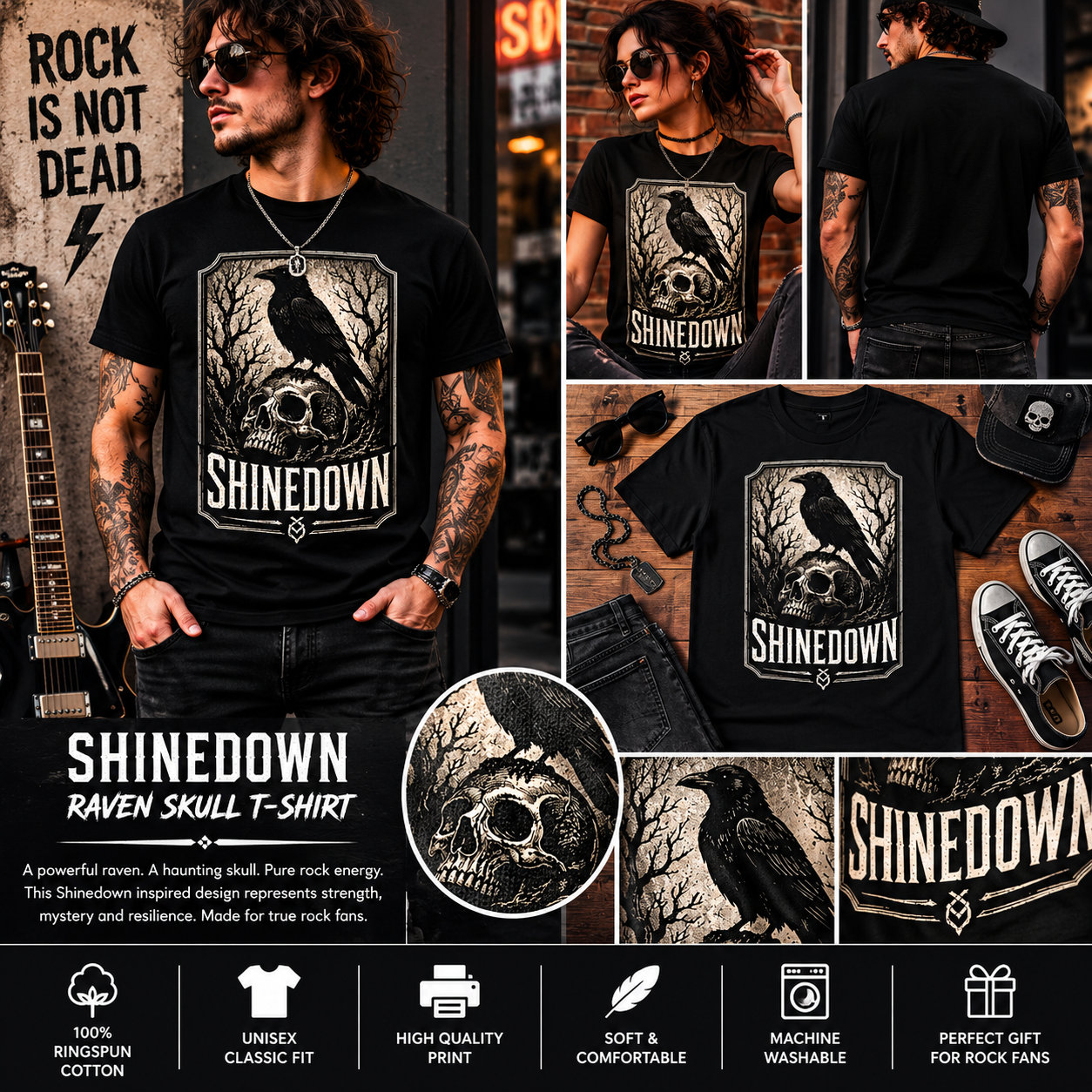Shinedown Raven Skull Graphic T-Shirt – Gothic Rock Band Inspired Unisex Black Tee for Alternative Music Fans