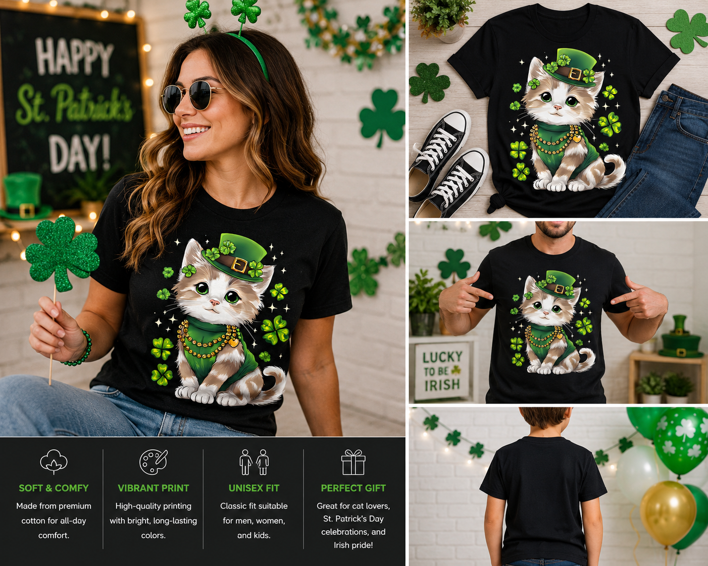 Cute St. Patrick’s Day Cat Shirt for Women Men Kids – Lucky Irish Kitty with Leprechaun Hat Shamrock Graphic Tee