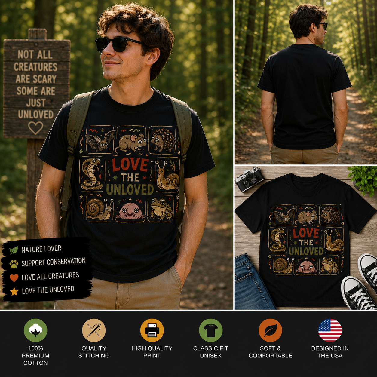 Love The Unloved Cute Creepy Crawly Animals Graphic T-Shirt | Funny Nature Lover Vintage Tee
