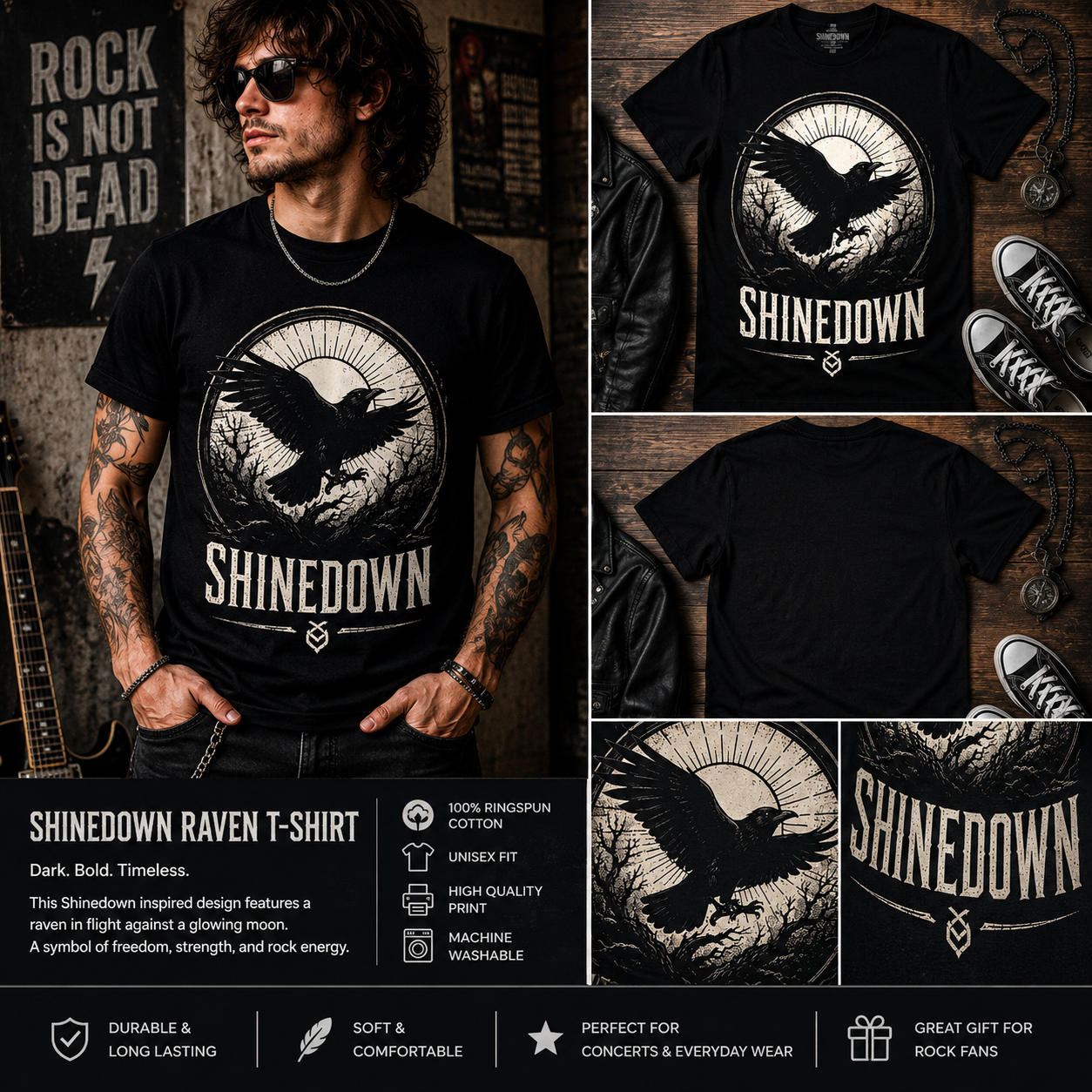 Shinedown Flying Raven Graphic T-Shirt – Gothic Rock Band Inspired Unisex Black Tee for Alternative Music Fans