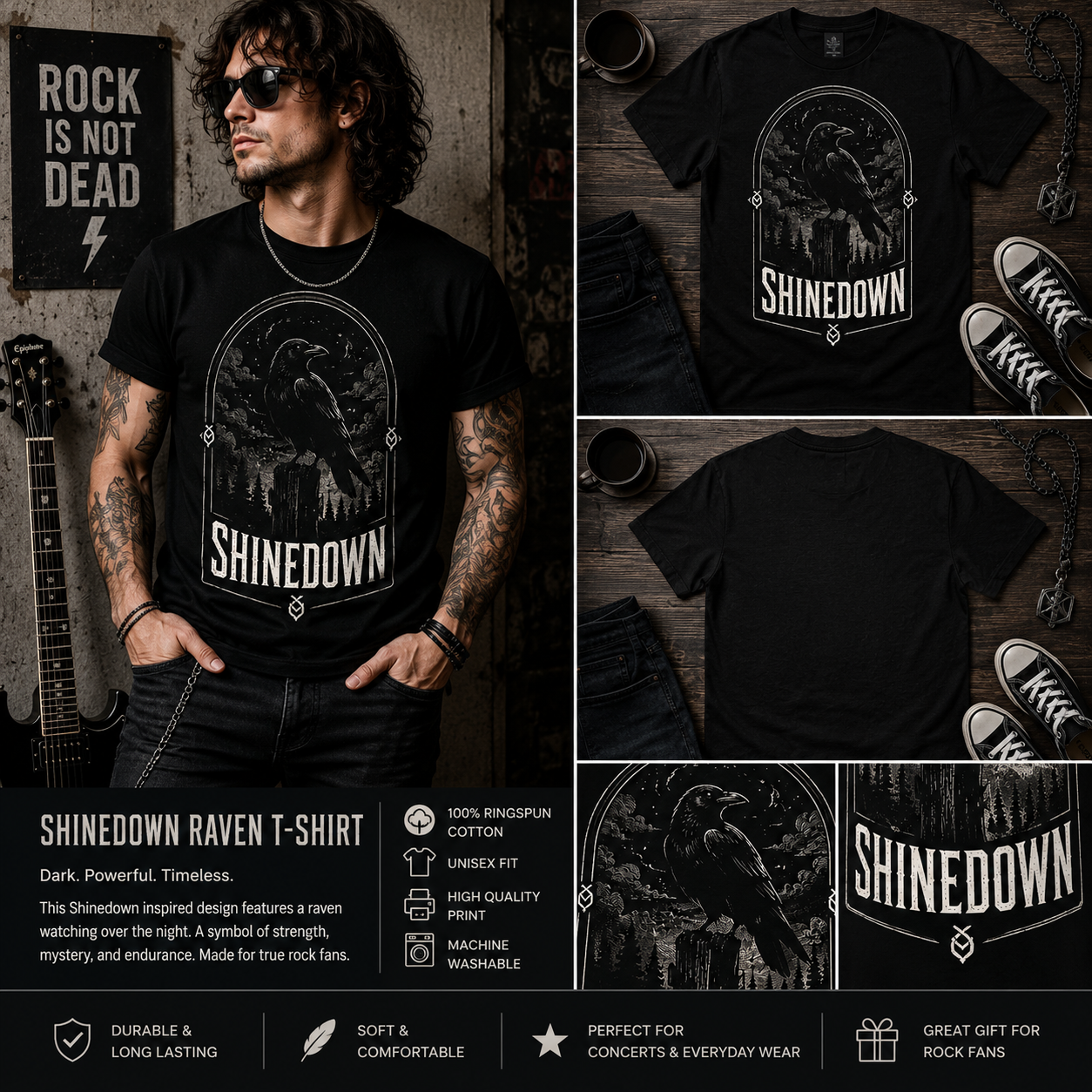 Shinedown Raven Graphic T-Shirt – Gothic Rock Band Inspired Unisex Tee, Vintage Dark Crow Moon Design Shirt for Rock Music Fans