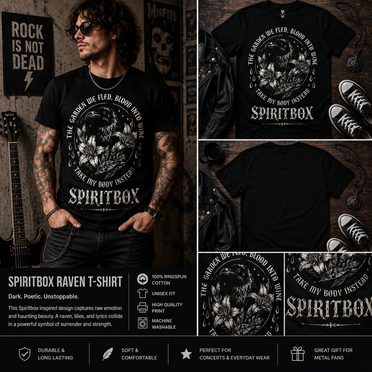 Spiritbox Raven Gothic T-Shirt – Dark Metal Band Inspired Unisex Tee, Vintage Crow Floral Graphic Shirt for Heavy Music Fans