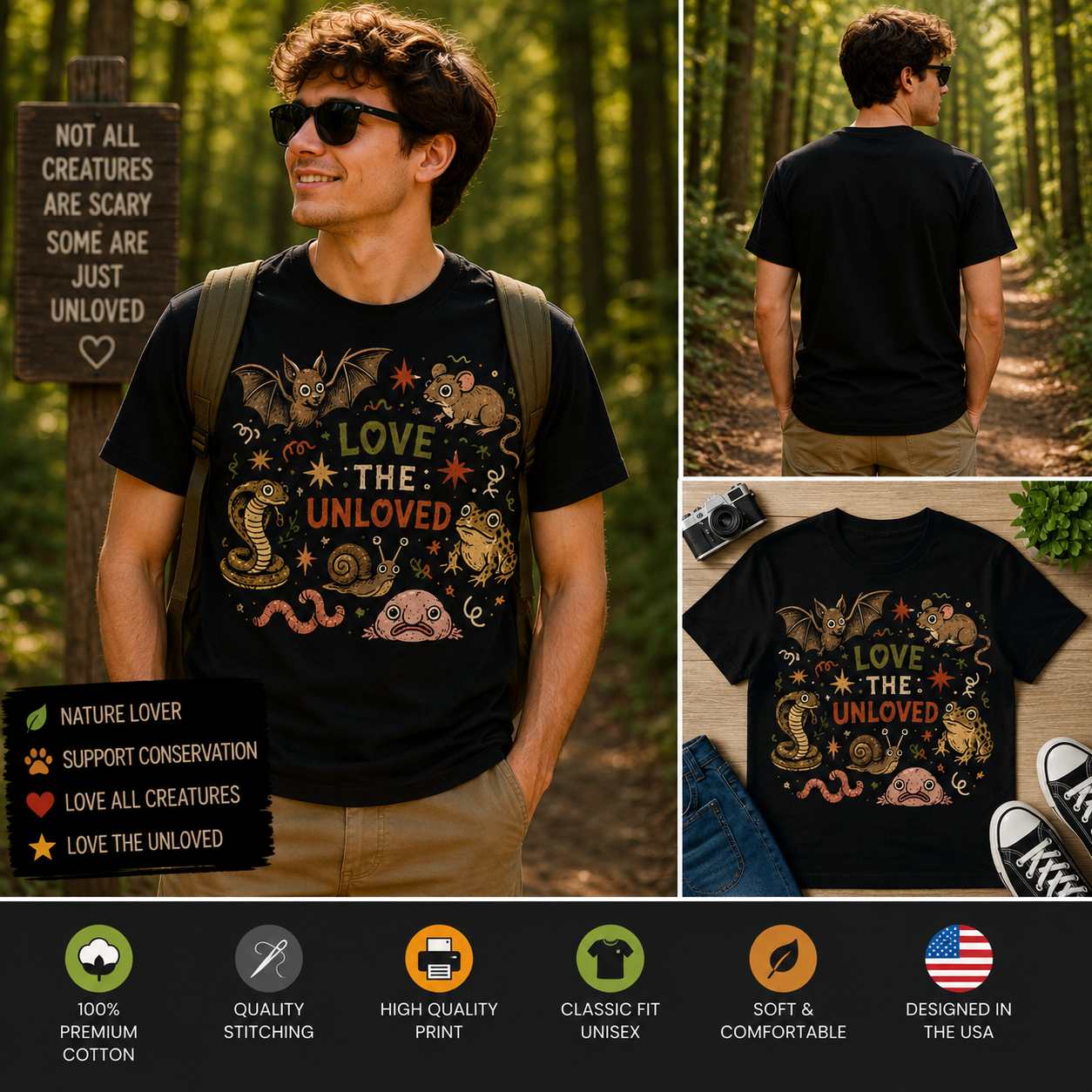 Love The Unloved Cute Creepy Critters Graphic T-Shirt | Funny Wildlife Nature Lover Retro Tee