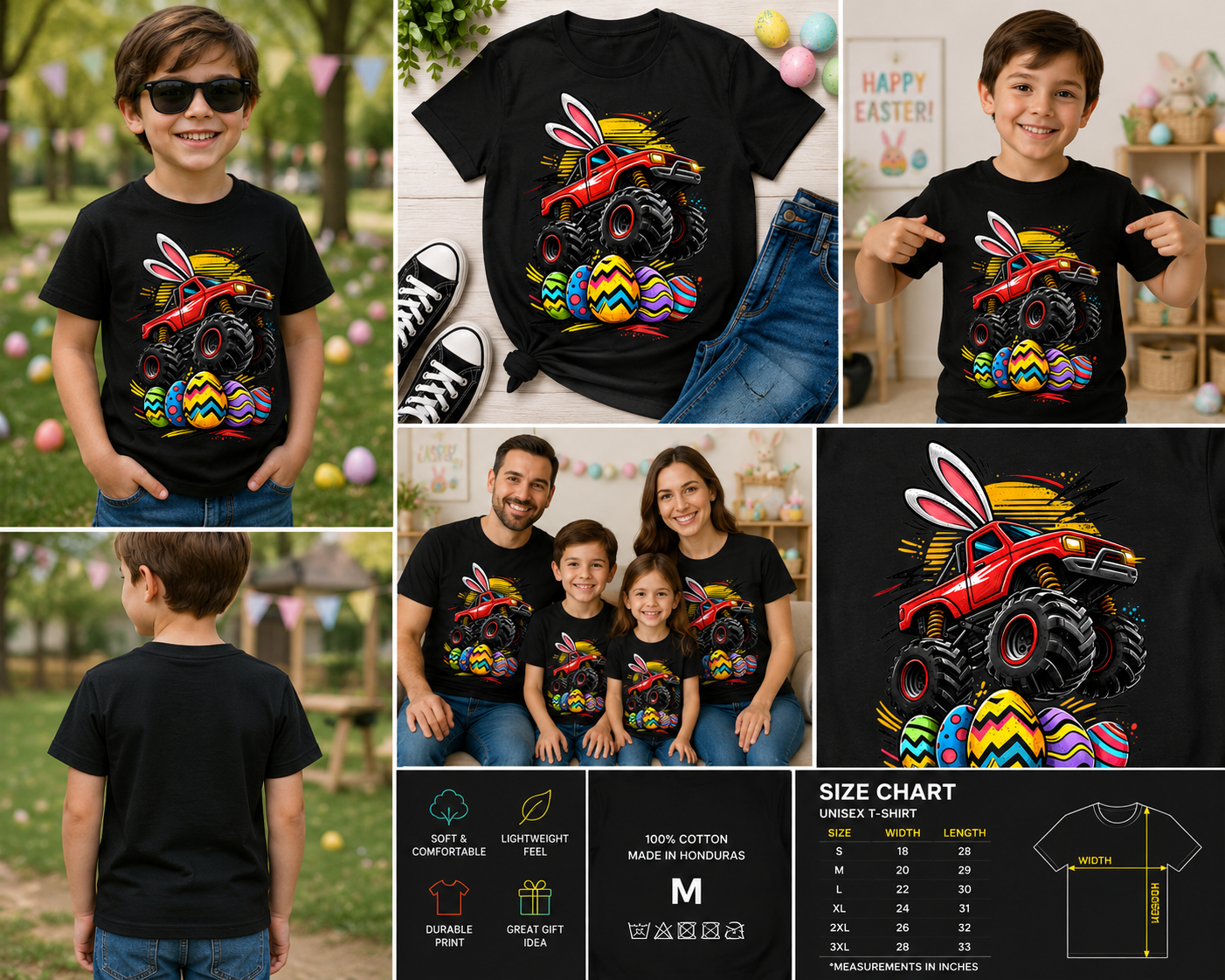 Easter Monster Truck Bunny Ears Shirt for Boys – Kids Happy Easter Egg Hunt Graphic Tee