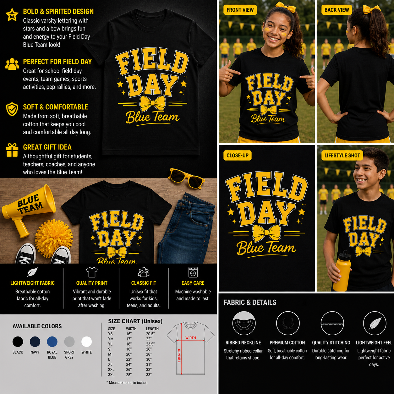 Field Day Blue Team Bow Spirit Shirt – Yellow Varsity Style Team Day T-Shirt