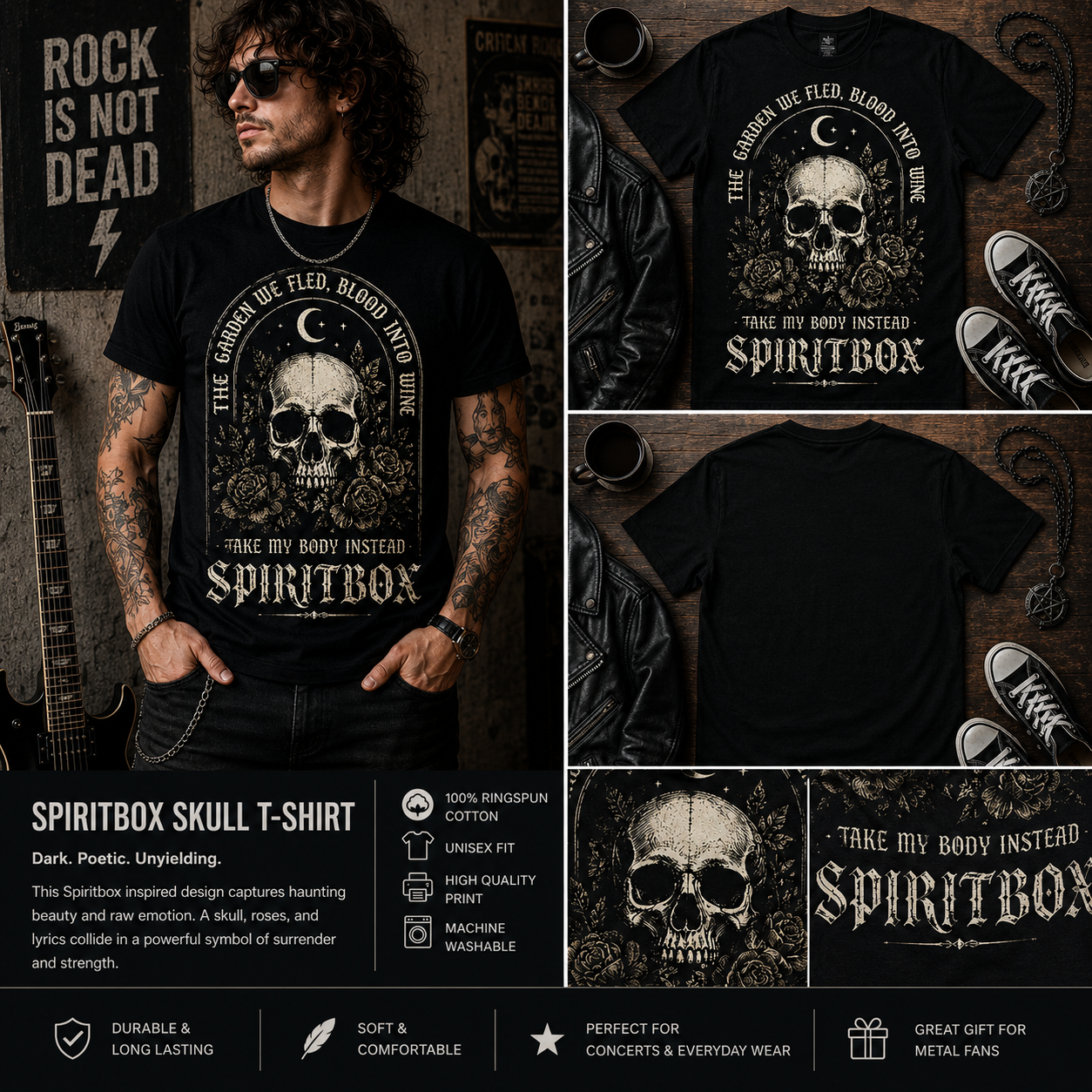 Spiritbox Skull Gothic T-Shirt – Dark Metalcore Band Inspired Unisex Tee, Vintage Floral Skull Graphic Shirt for Heavy Music Fans