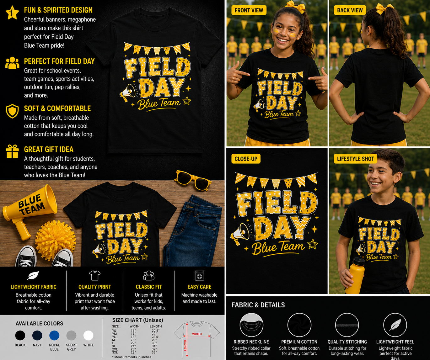 Field Day Blue Team Spirit Shirt – Yellow School Team Day Graphic T-Shirt