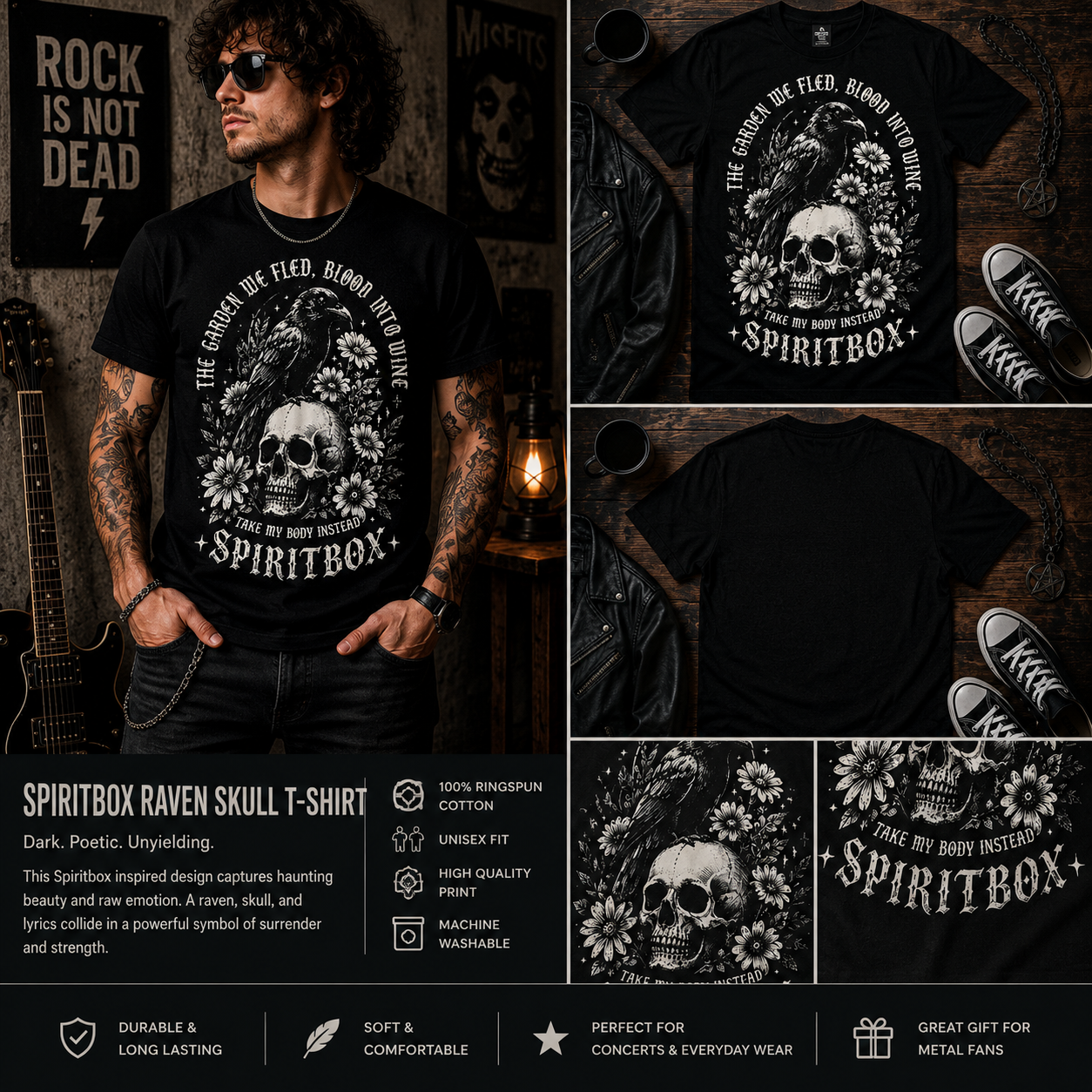 Spiritbox Raven Skull Floral T-Shirt – Gothic Metalcore Inspired Unisex Tee, Dark Vintage Graphic Shirt for Alternative Music Fans