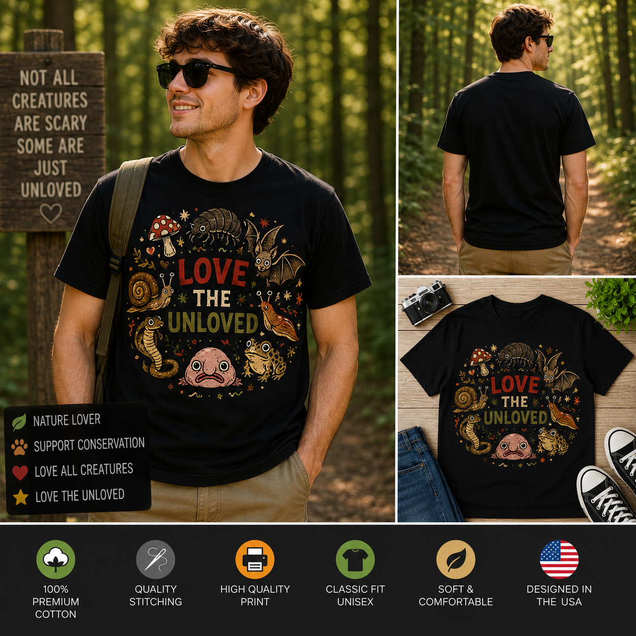 Love The Unloved Nature Lover Graphic T-Shirt | Cute Misunderstood Creatures Vintage Wildlife Tee