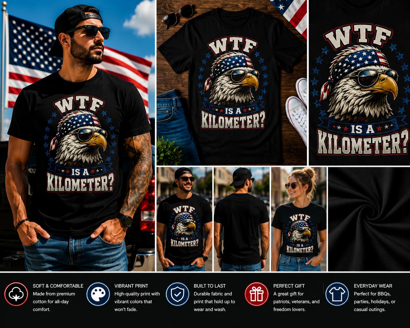 WTF Is A Kilometer? Funny Patriotic Eagle T-Shirt – American Flag Freedom Humor Graphic Tee for Men & Women