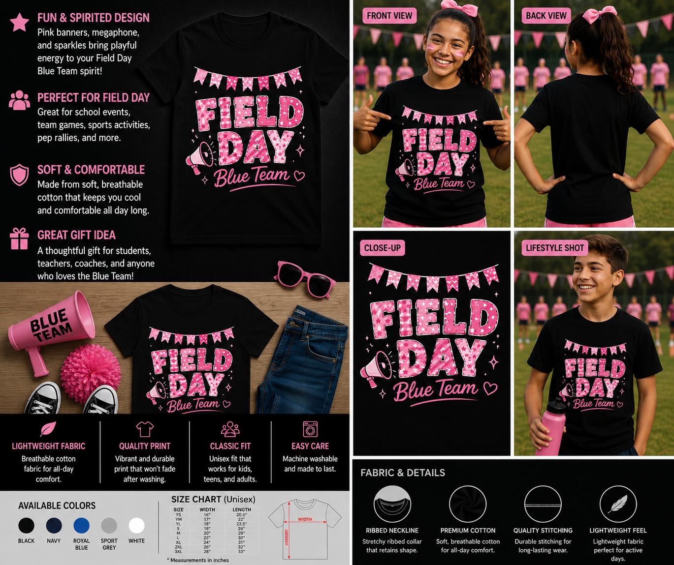 Field Day Blue Team Pink Spirit Shirt – Cute School Team Day Graphic T-Shirt