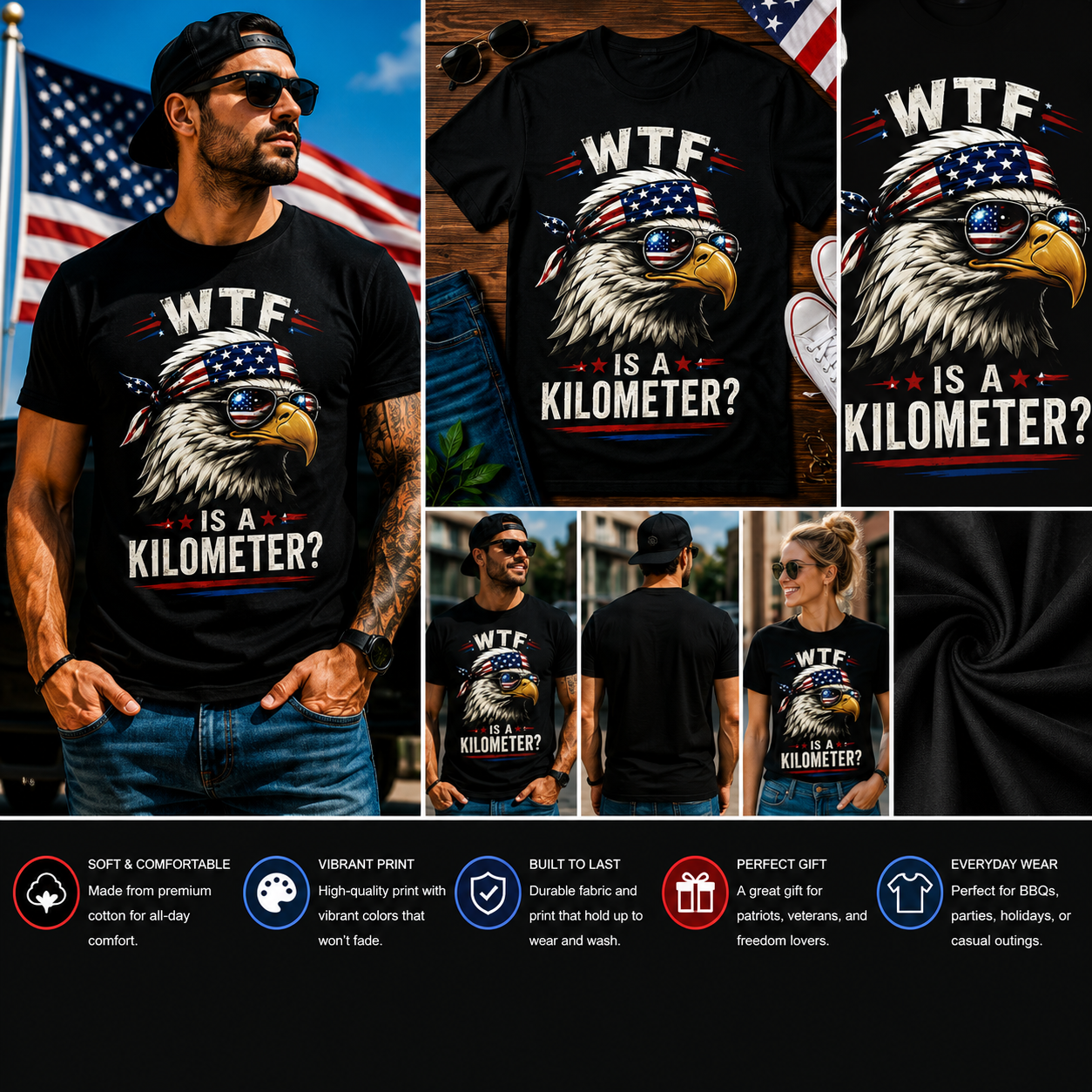 WTF Is A Kilometer? Funny Patriotic Eagle American Flag T-Shirt – Freedom Humor Graphic Tee for Men, Women & Teens