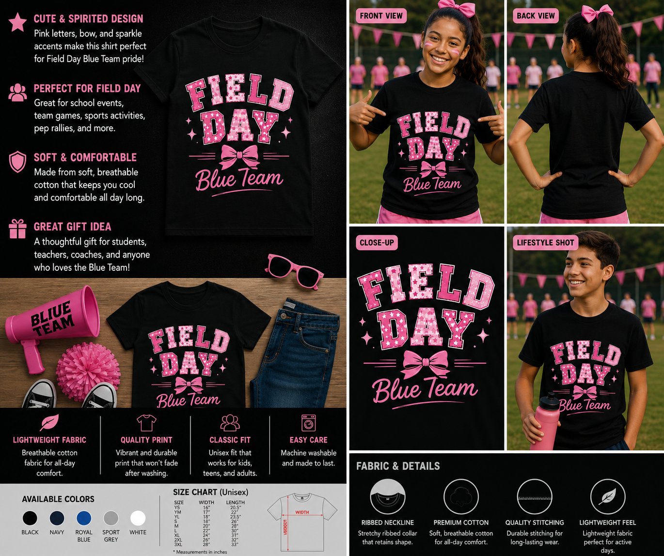 Field Day Blue Team Pink Bow Shirt – Cute School Spirit Team Day T-Shirt