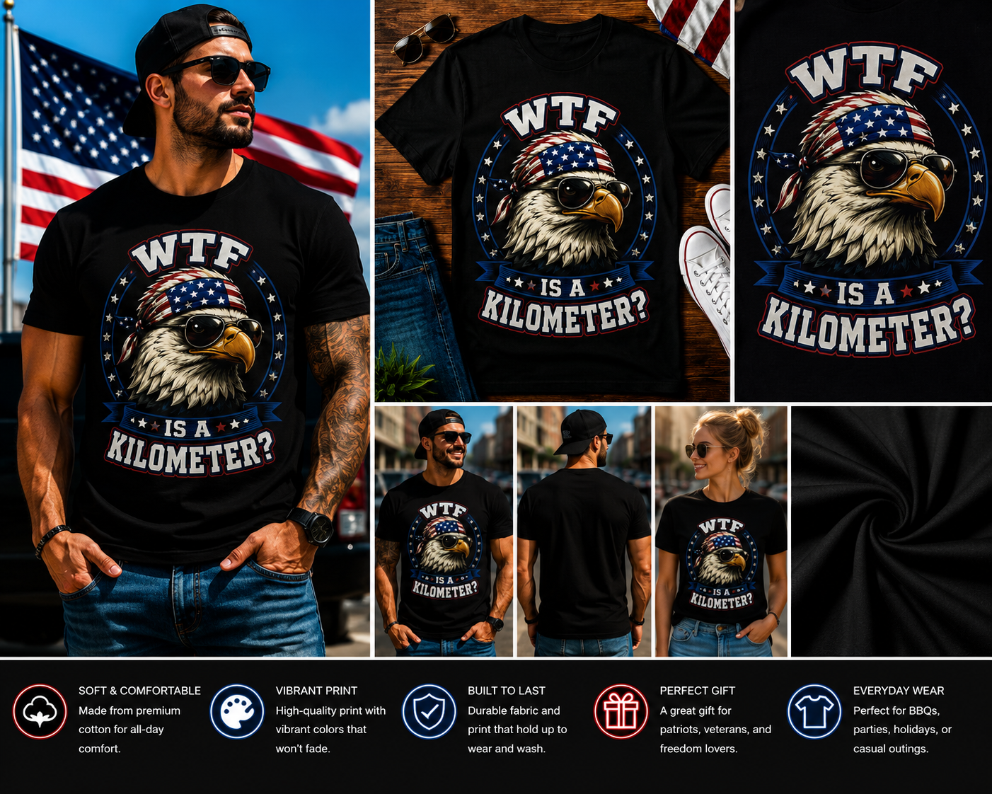 WTF Is A Kilometer? Funny Patriotic Eagle T-Shirt – American Flag Freedom Humor Graphic Tee for Men, Women & Teens
