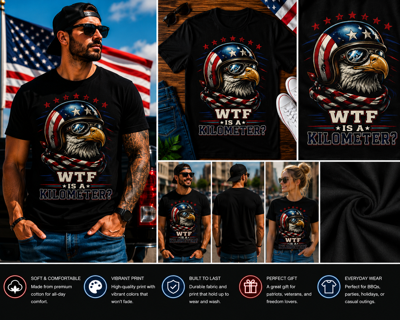 WTF Is A Kilometer? Funny Patriotic Eagle Pilot Helmet T-Shirt – American Freedom Humor Graphic Tee for Men & Women