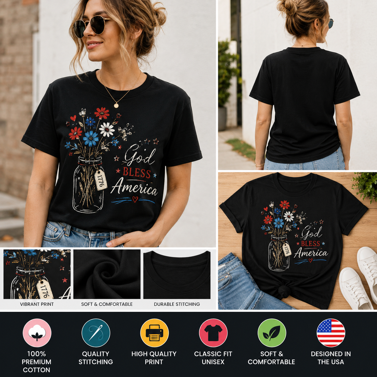 God Bless America Floral Mason Jar T-Shirt – Patriotic 1776 Vintage Fourth of July Shirt for Women, Independence Day Graphic Tee