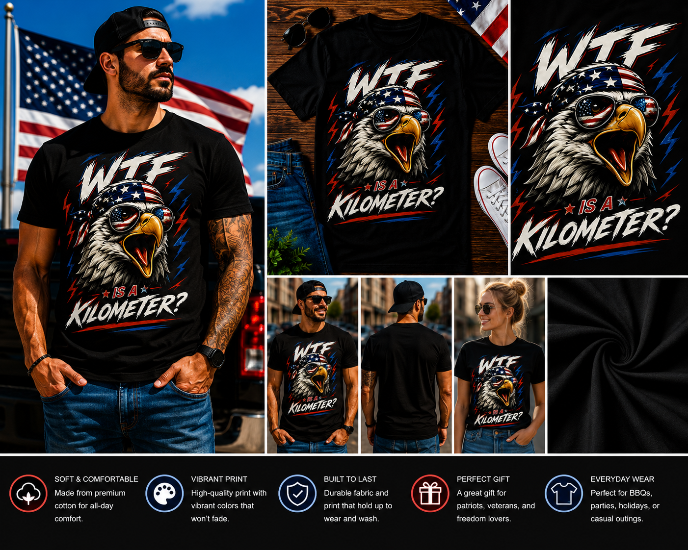WTF Is A Kilometer? Funny Screaming Eagle Patriotic T-Shirt – American Flag Freedom Humor Graphic Tee for Men & Women