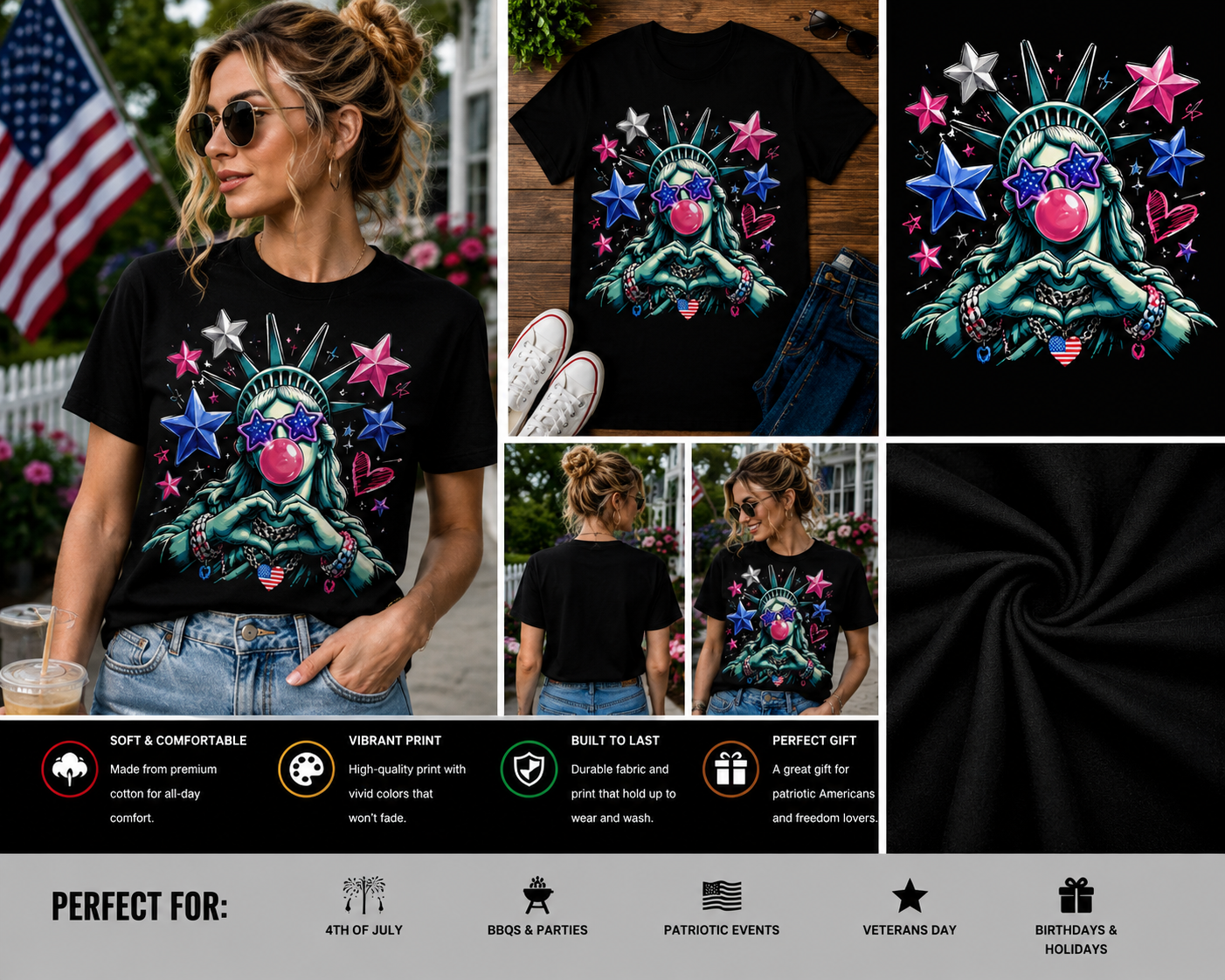 Patriotic Statue of Liberty Heart Hands Bubblegum USA Stars Graphic T-Shirt