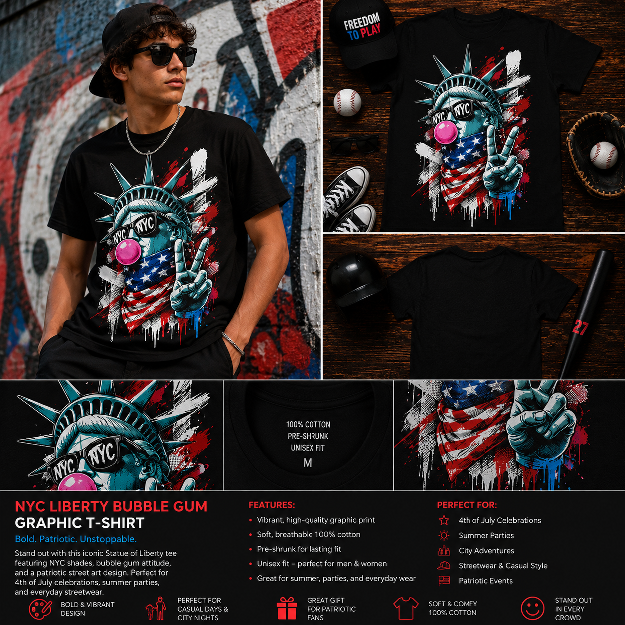 NYC Liberty Bubble Gum Graphic T-Shirt – Patriotic Street Art Statue of Liberty Tee for Men & Women