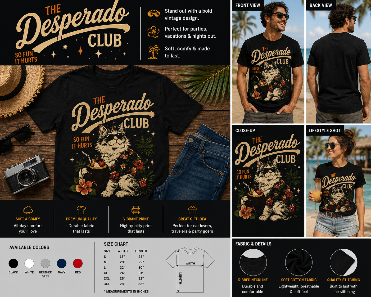 The Desperado Club Tropical Cat Graphic T-Shirt – Funny Retro Hawaiian Cat Tee