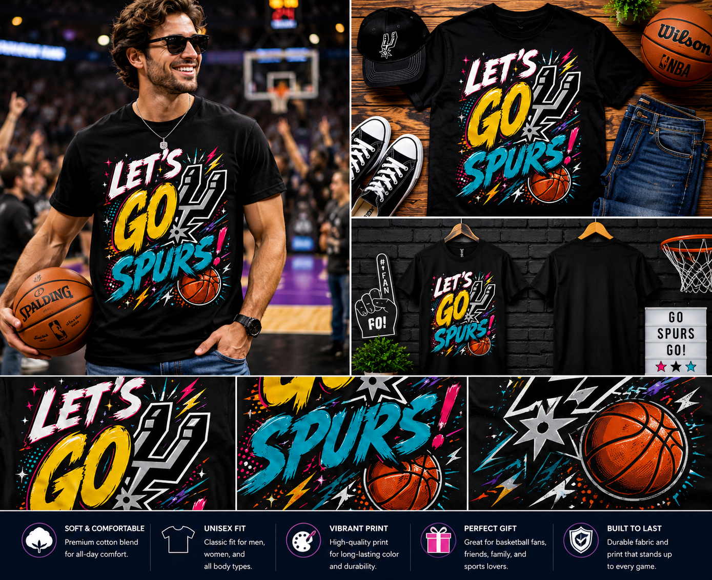 Let’s Go Spurs Retro Basketball T-Shirt – Vintage San Antonio Basketball Fan Graphic Tee for Men & Women
