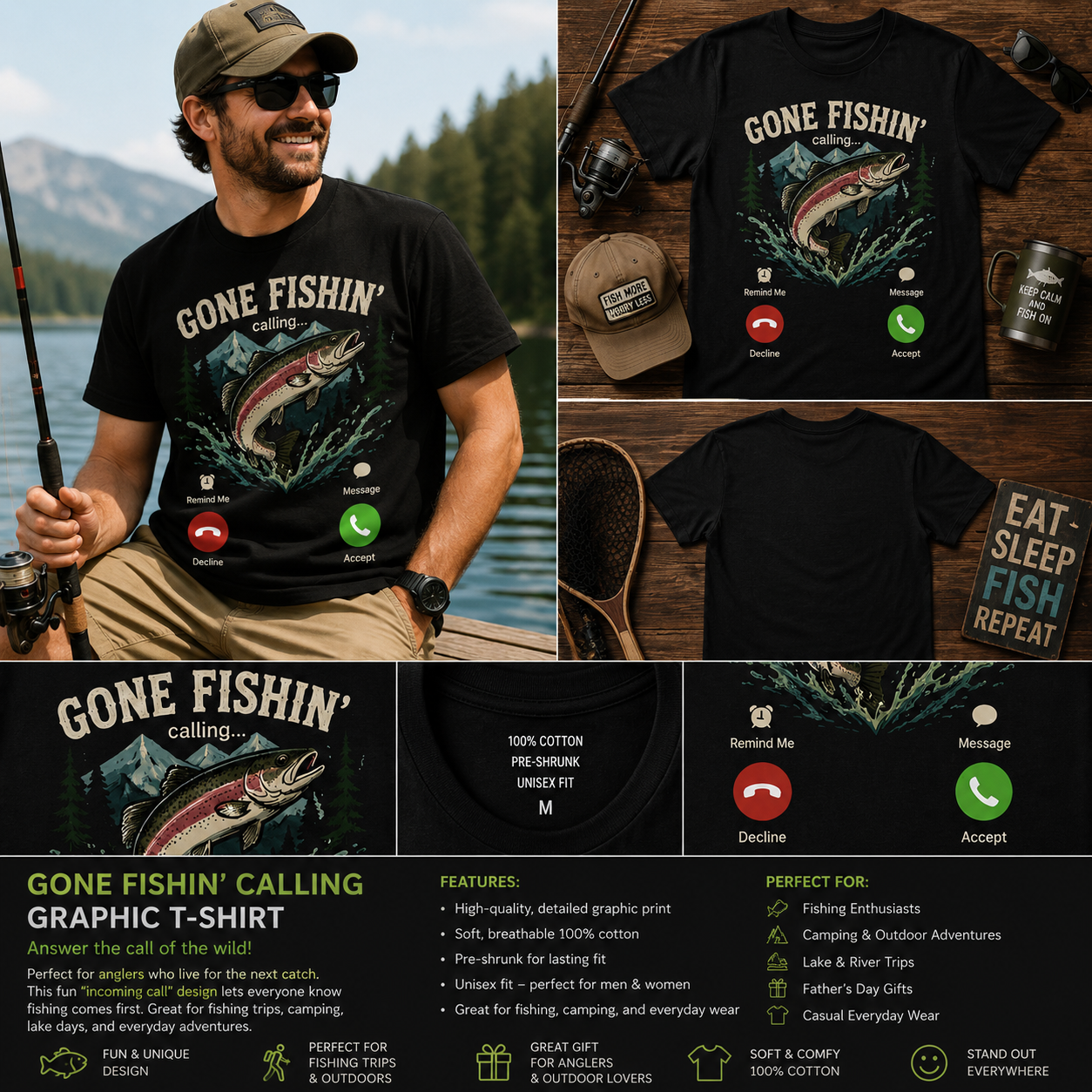 Gone Fishin’ Calling Graphic T-Shirt – Funny Fishing Call Screen Tee for Anglers & Outdoor Lovers