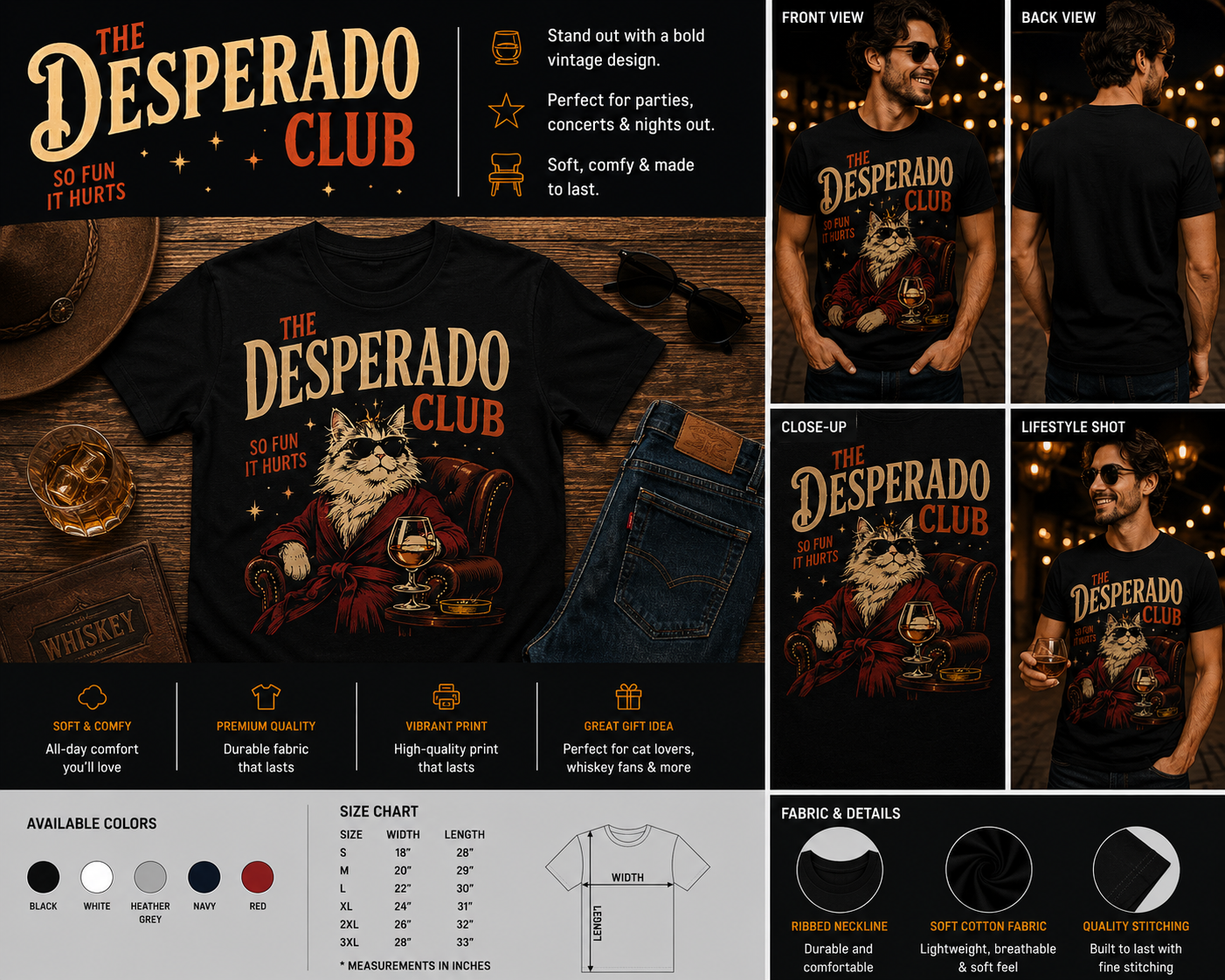 The Desperado Club Funny Cowboy Cat Whiskey Lover Vintage Graphic T-Shirt