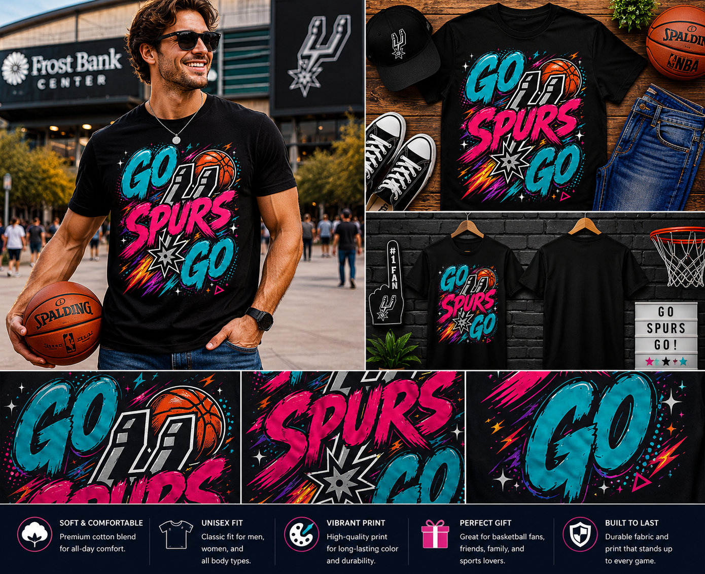 Go Spurs Go Retro Basketball T-Shirt – Vintage San Antonio Basketball Fan Graphic Tee for Men & Women