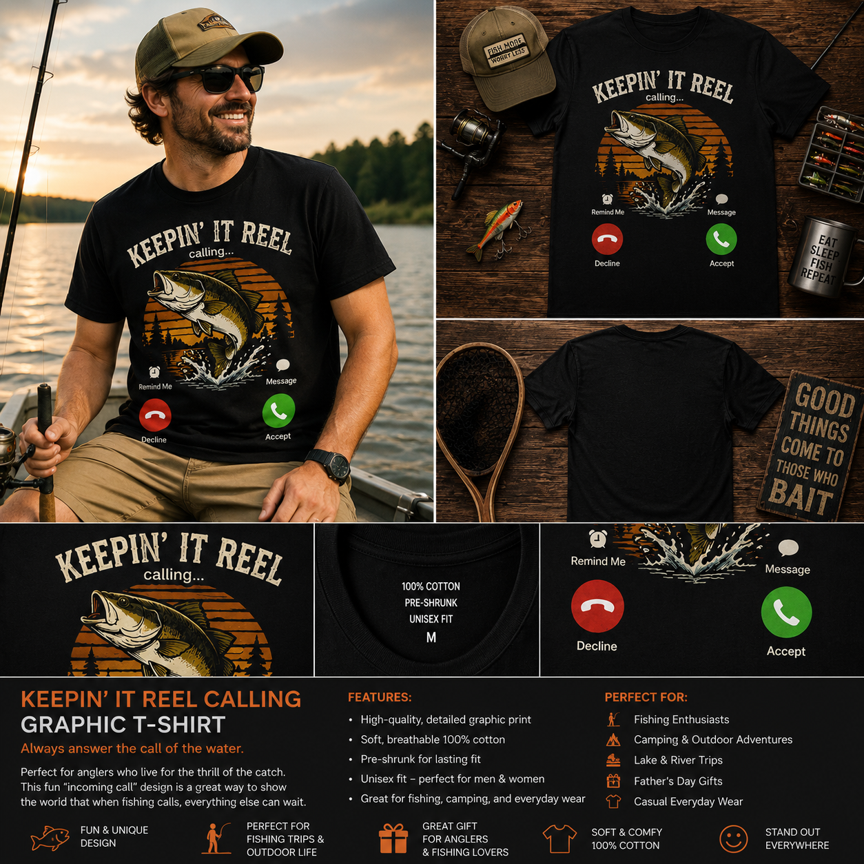 Keepin’ It Reel Fishing Graphic T-Shirt – Funny Bass Fishing Call Screen Tee for Anglers