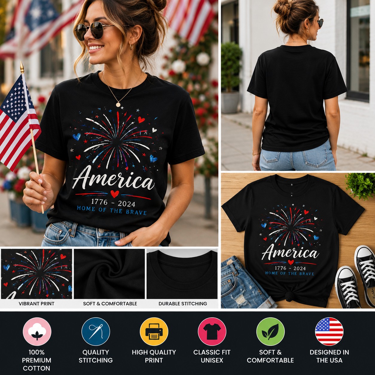 America Home of the Brave Fireworks T-Shirt – Patriotic 1776 Independence Day Graphic Tee, 4th of July USA Celebration Shirt
