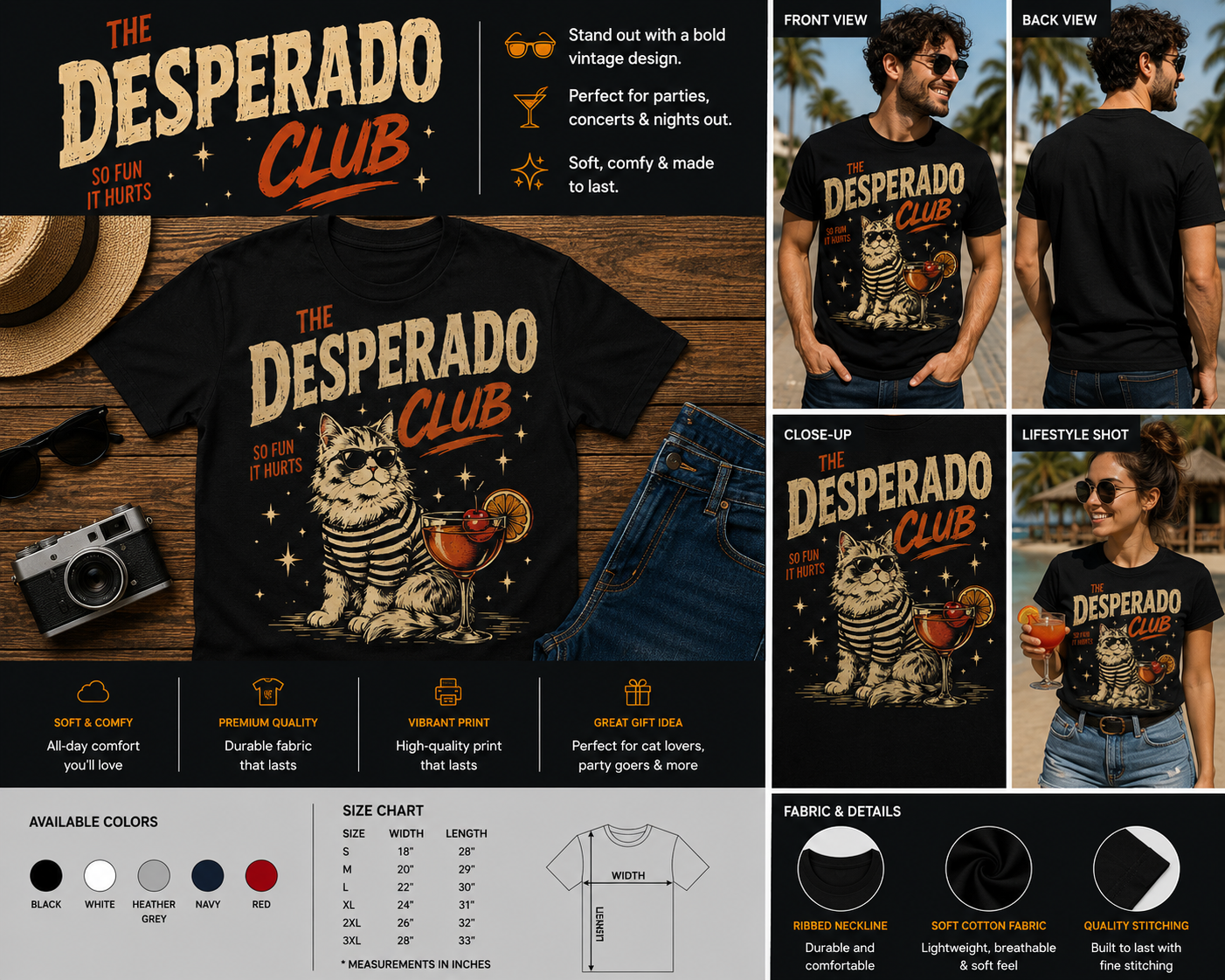 The Desperado Club Funny Cat Cocktail Vintage Graphic T-Shirt