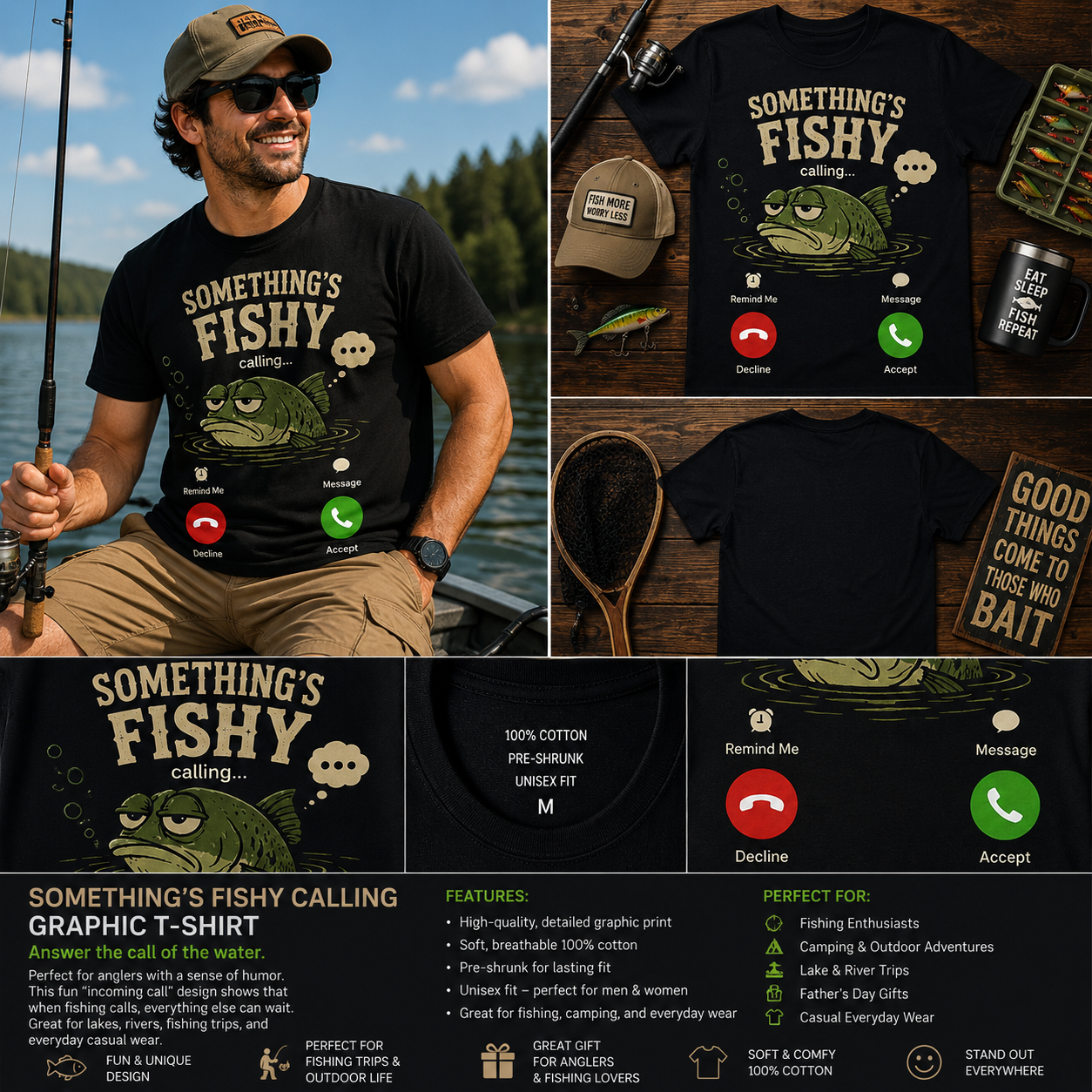 Something’s Fishy Calling Graphic T-Shirt – Funny Fishing Incoming Call Tee for Anglers