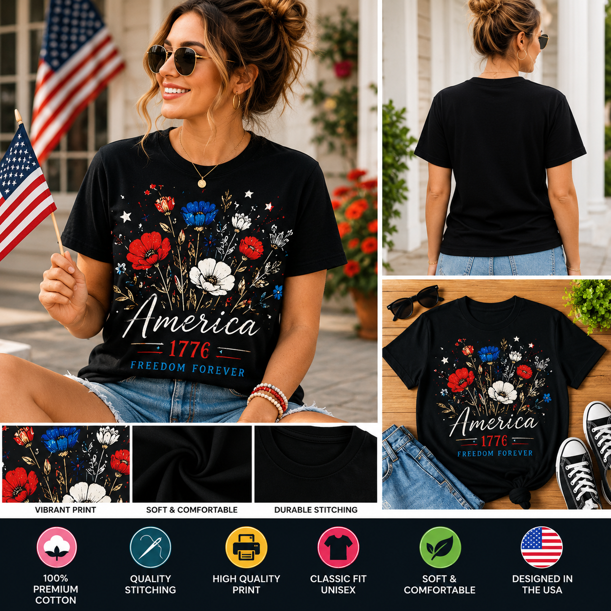 America 1776 Freedom Forever Floral T-Shirt – Patriotic Wildflower Independence Day Graphic Tee, Vintage 4th of July Shirt