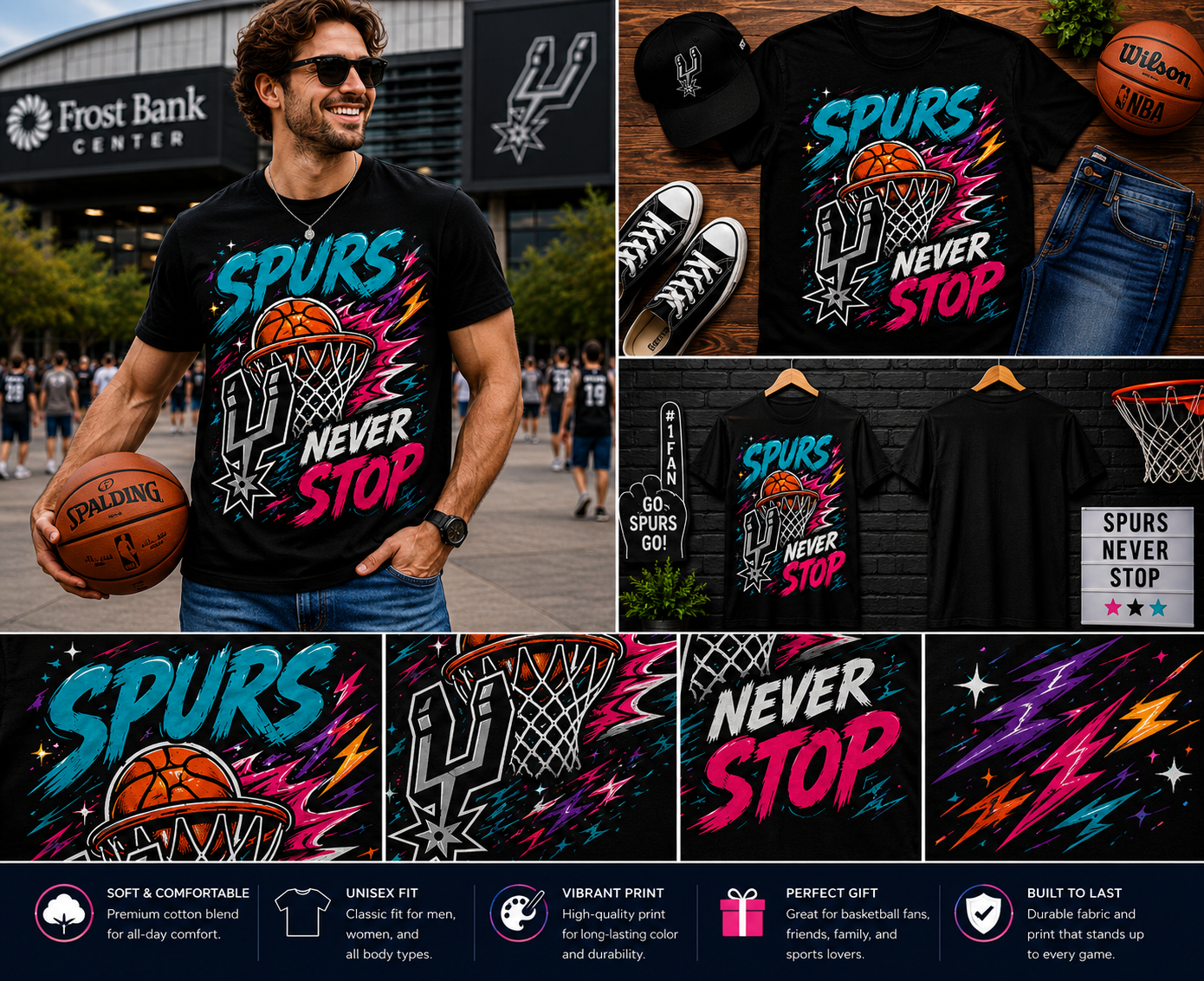 Spurs Never Stop Retro Basketball T-Shirt – Vintage San Antonio Basketball Fan Graphic Tee for Men & Women