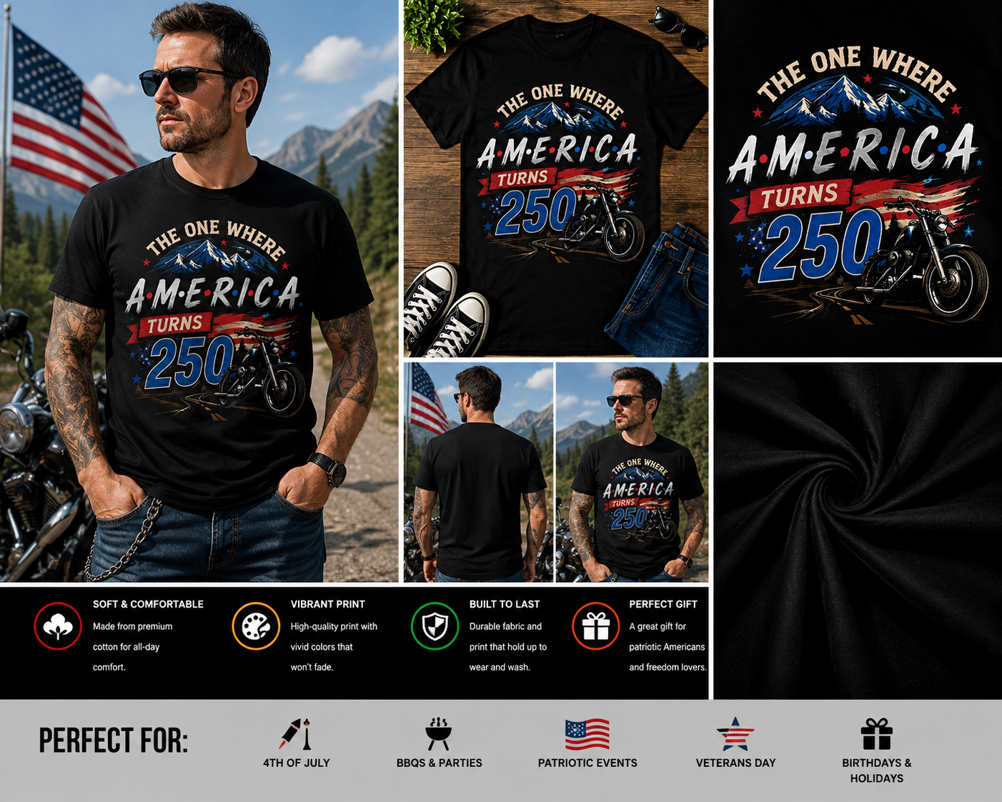 The One Where America Turns 250 Motorcycle Patriotic USA 250th Anniversary T-Shirt