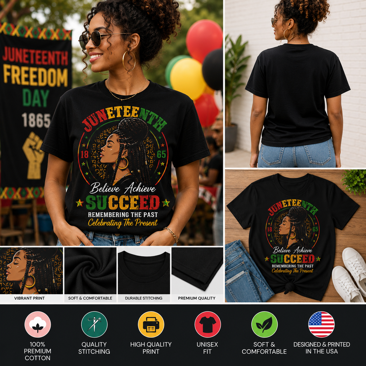 Juneteenth Believe Achieve Succeed T-Shirt – 1865 Remembering the Past Celebrating the Present African American Heritage Graphic Tee