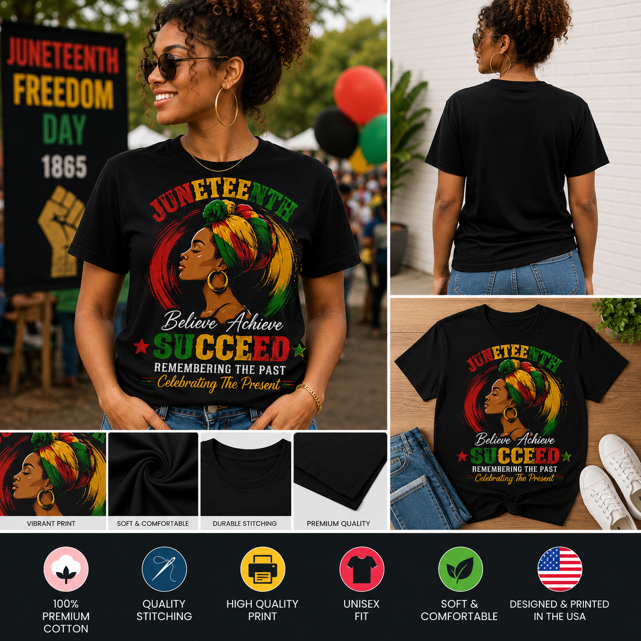 Juneteenth Believe Achieve Succeed T-Shirt – Remembering the Past Celebrating the Present African American Pride Graphic Tee
