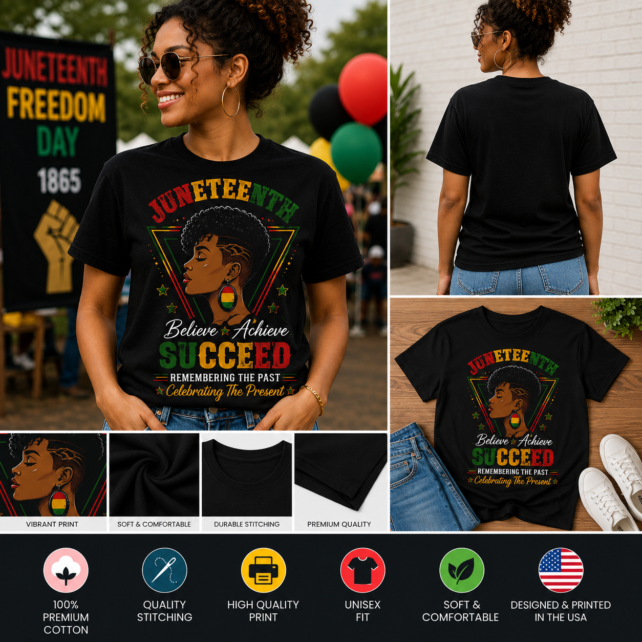 Juneteenth Believe Achieve Succeed T-Shirt – African American Heritage Graphic Tee, Remembering the Past Celebrating the Present