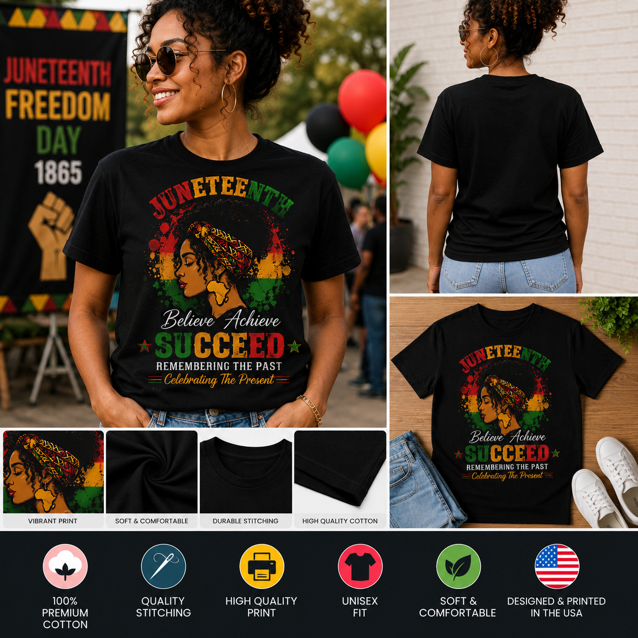 Juneteenth Believe Achieve Succeed T-Shirt – African American Pride Shirt, Remembering the Past Celebrating the Present Graphic Tee