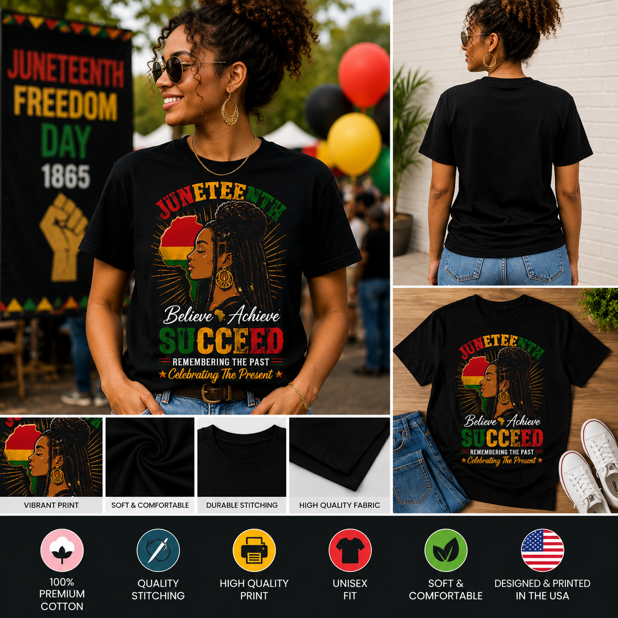 Juneteenth Believe Achieve Succeed T-Shirt – African American Heritage Shirt, Celebrate Freedom & Black Pride Graphic Tee