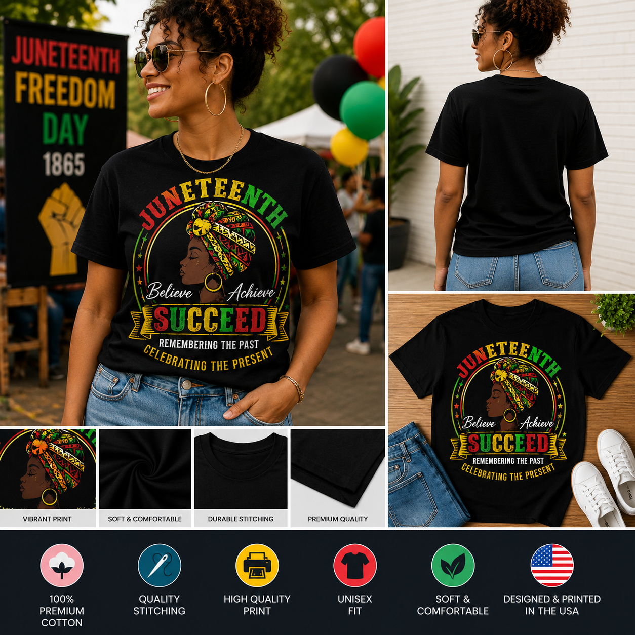 Juneteenth Believe Achieve Succeed T-Shirt – African American Heritage Graphic Tee, Celebrate Freedom & Black Excellence