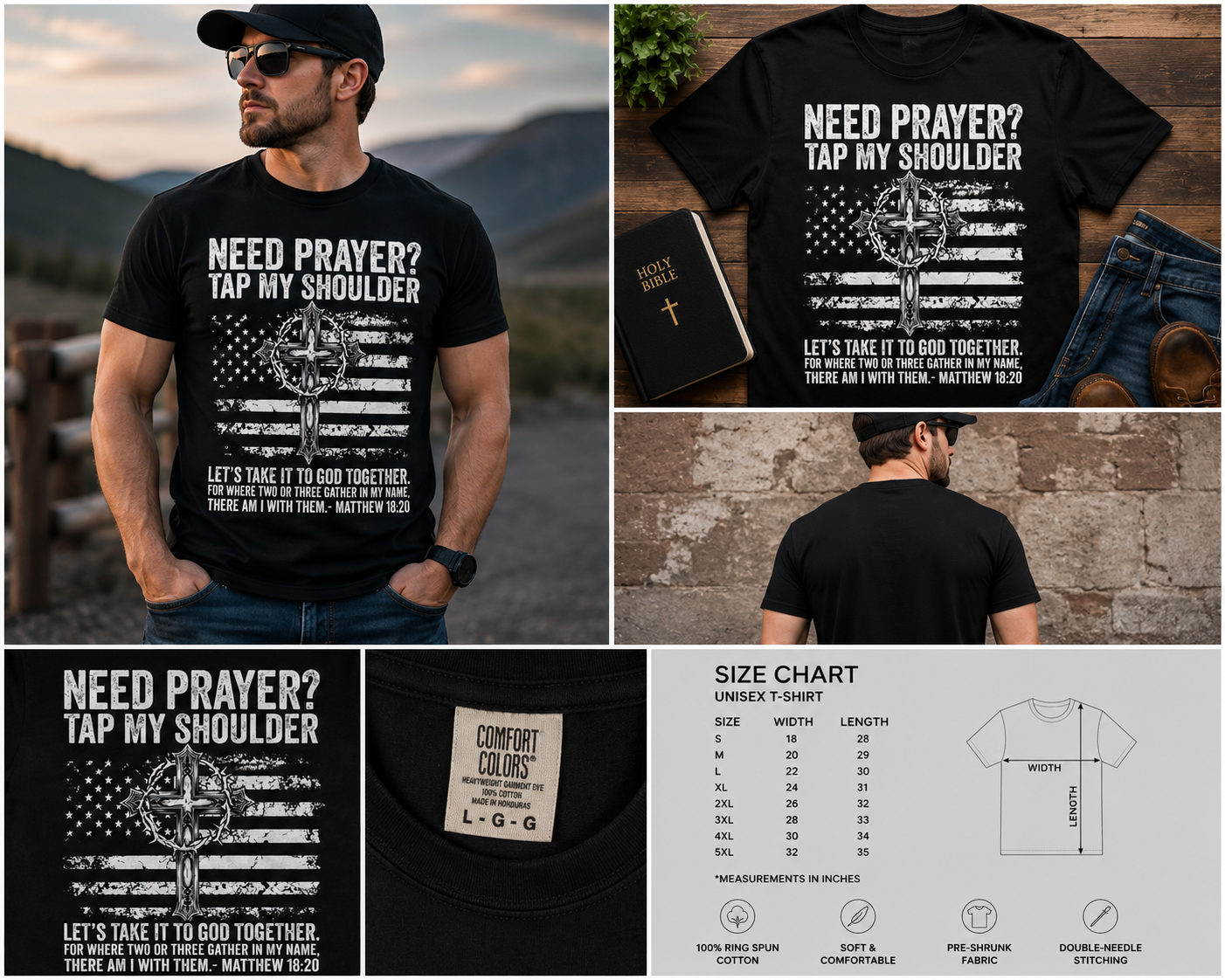 Need Prayer Tap My Shoulder Christian T-Shirt, Faith Cross USA Flag Shirt, Matthew 18:20 Religious Graphic Tee