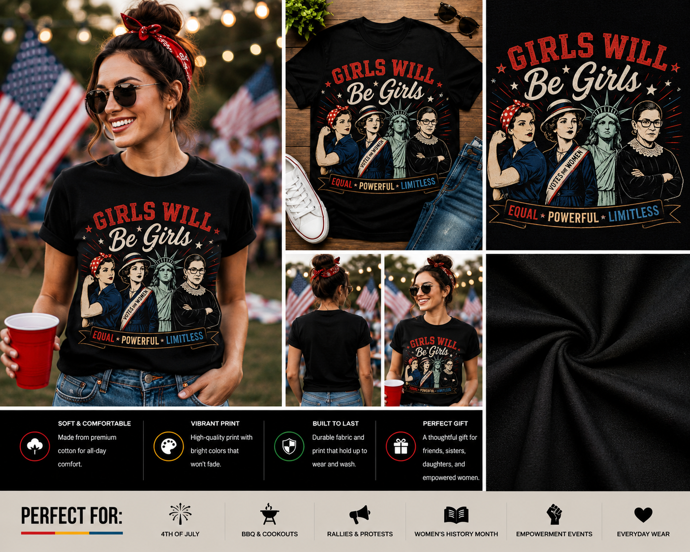 Girls Will Be Girls Feminist Patriotic T-Shirt | Equal Powerful Limitless Women's Empowerment Graphic Tee | 4th of July Shirt