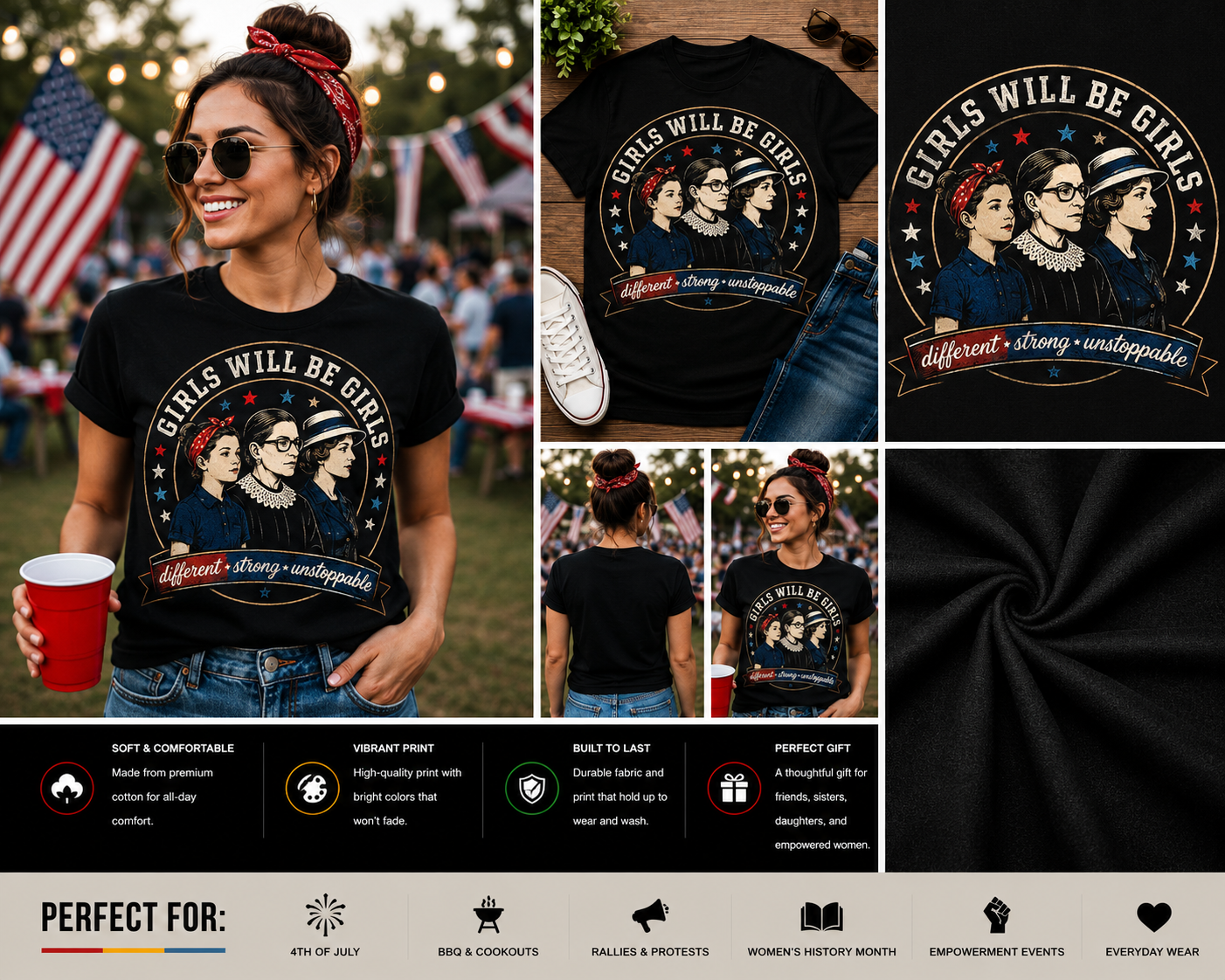 Girls Will Be Girls Feminist Patriotic T-Shirt | Different Strong Unstoppable Women's Empowerment Graphic Tee | Inspirational Girl Power Shirt