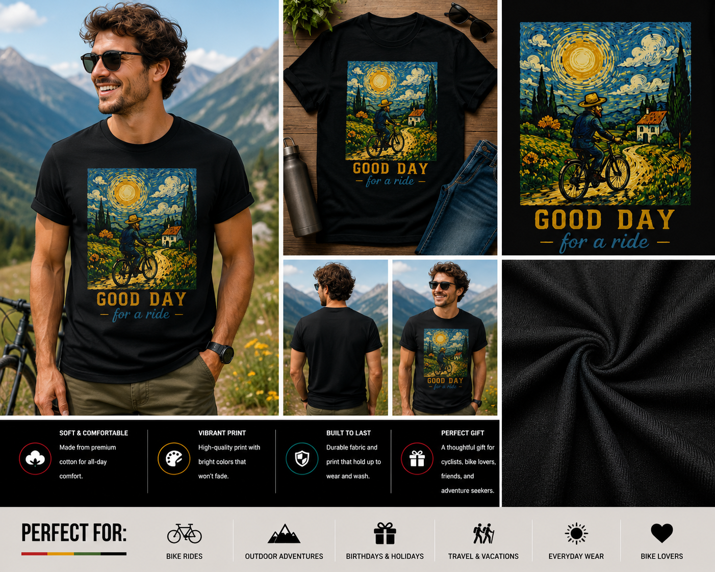 Good Day For A Ride Cycling T-Shirt | Van Gogh Inspired Bicycle Art Tee | Vintage Bike Lover Graphic Shirt for Cyclists