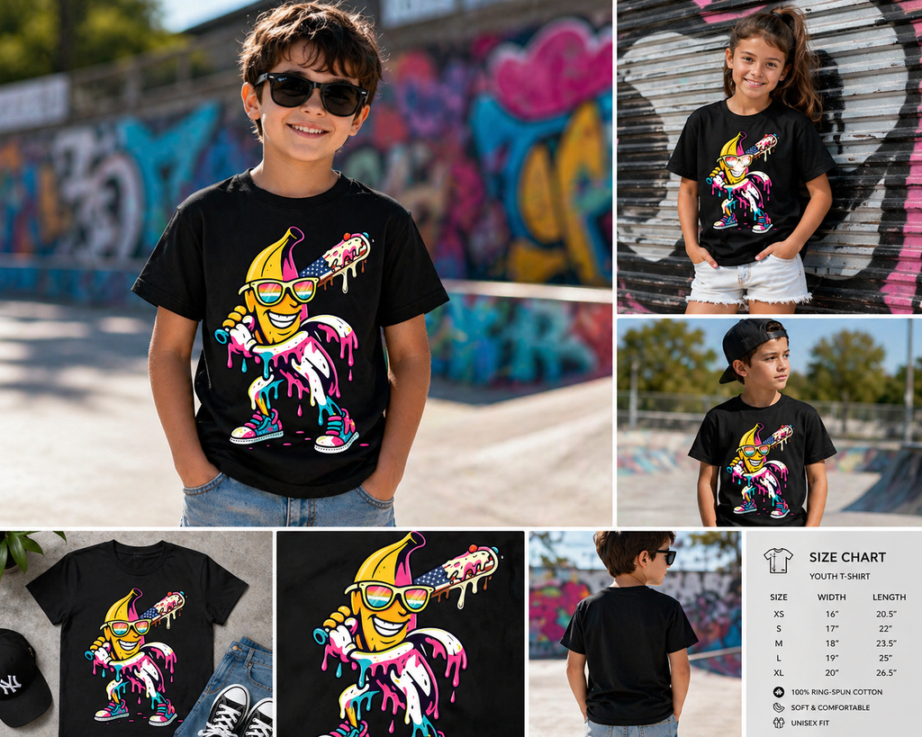 Funny Banana Baseball Drip Shirt for Kids, Cool Banana Graphic Tee, Street Style Cartoon Banana T-Shirt for Boys & Girls